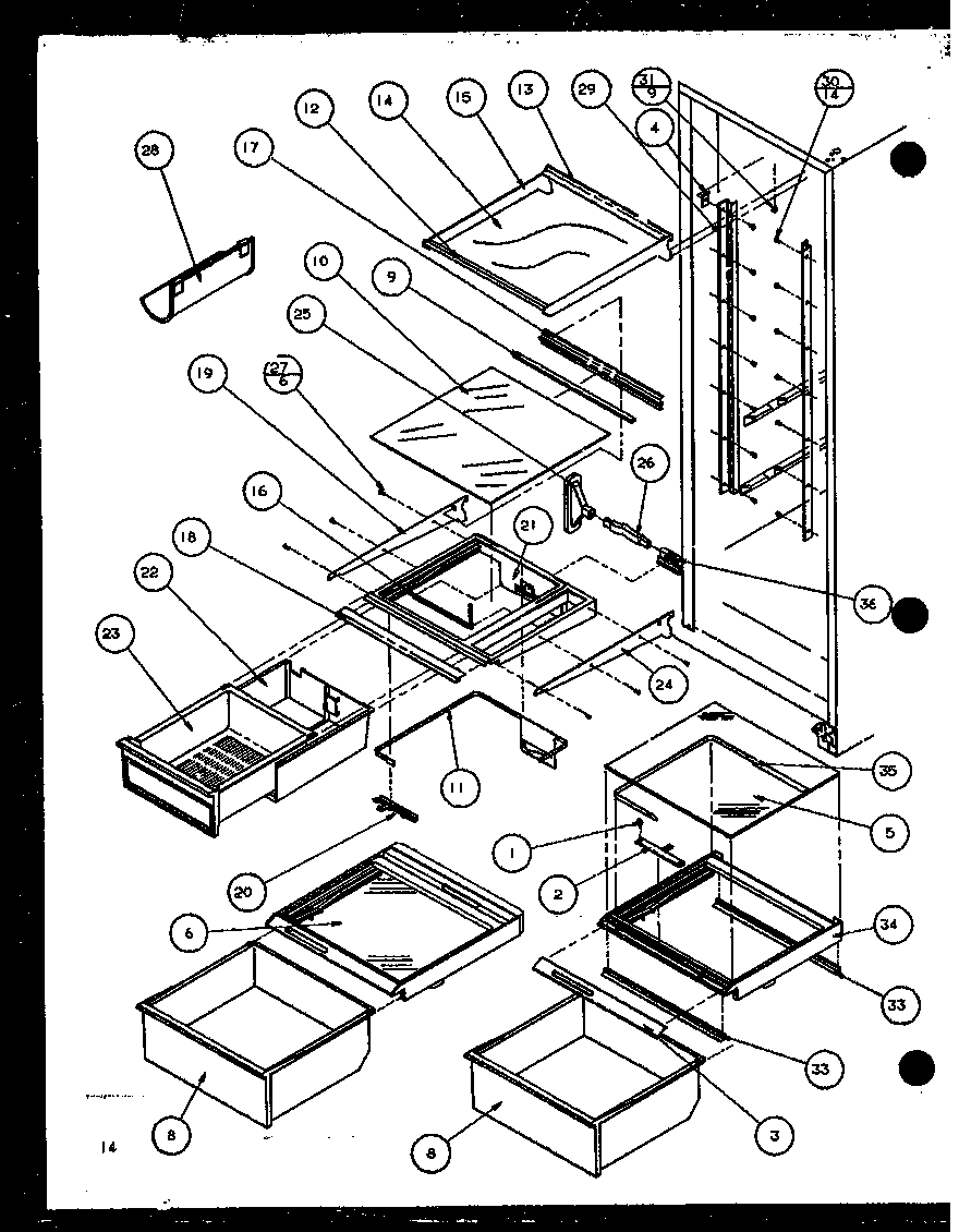 Amana 36551-P1108802W refrigerator shelving and drawers (36551/p1108801w) (36551/p1108802w) (36558/p1108803w) (36558/p1108804w) diagram