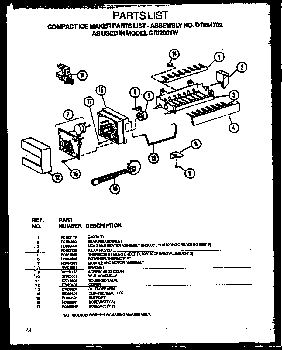 Modern Maid GRH2202BE/P1168103WE compact ice maker parts lists (gri2001ww/p1168201ww) diagram