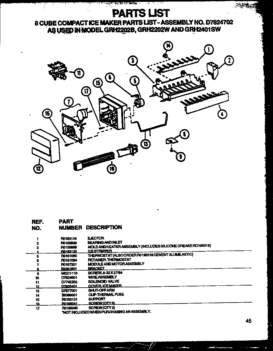 Modern Maid GRH2202BE/P1168103WE 8 cube compact ice maker parts lists (grh2202be/p1168103we) (grh2202ww/p1168102ww) (grh2401sww/p1168101ww) diagram