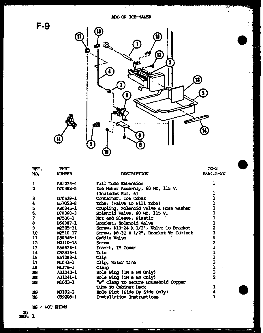 Amana SLI22F-G-P75400-18WG add on ice-maker (ic-2/p36415-5w) diagram