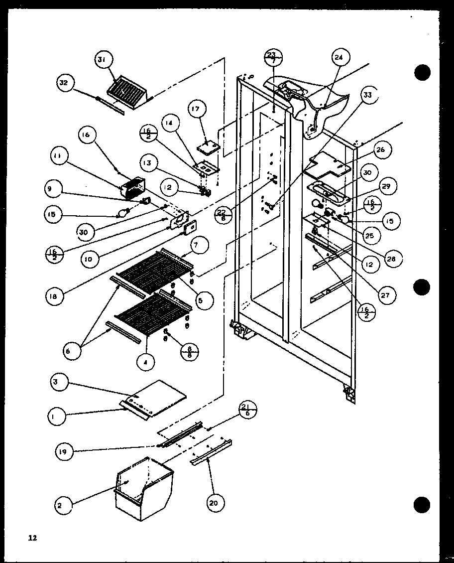 Amana SLDT25H-P7836027W freezer shelving and refrigerator light diagram