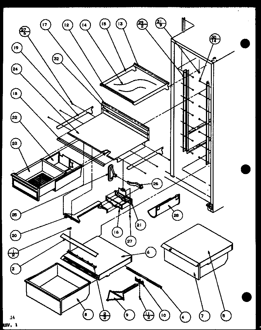 Amana SLDT25H-P7836027W refrigerator shelving and drawers diagram