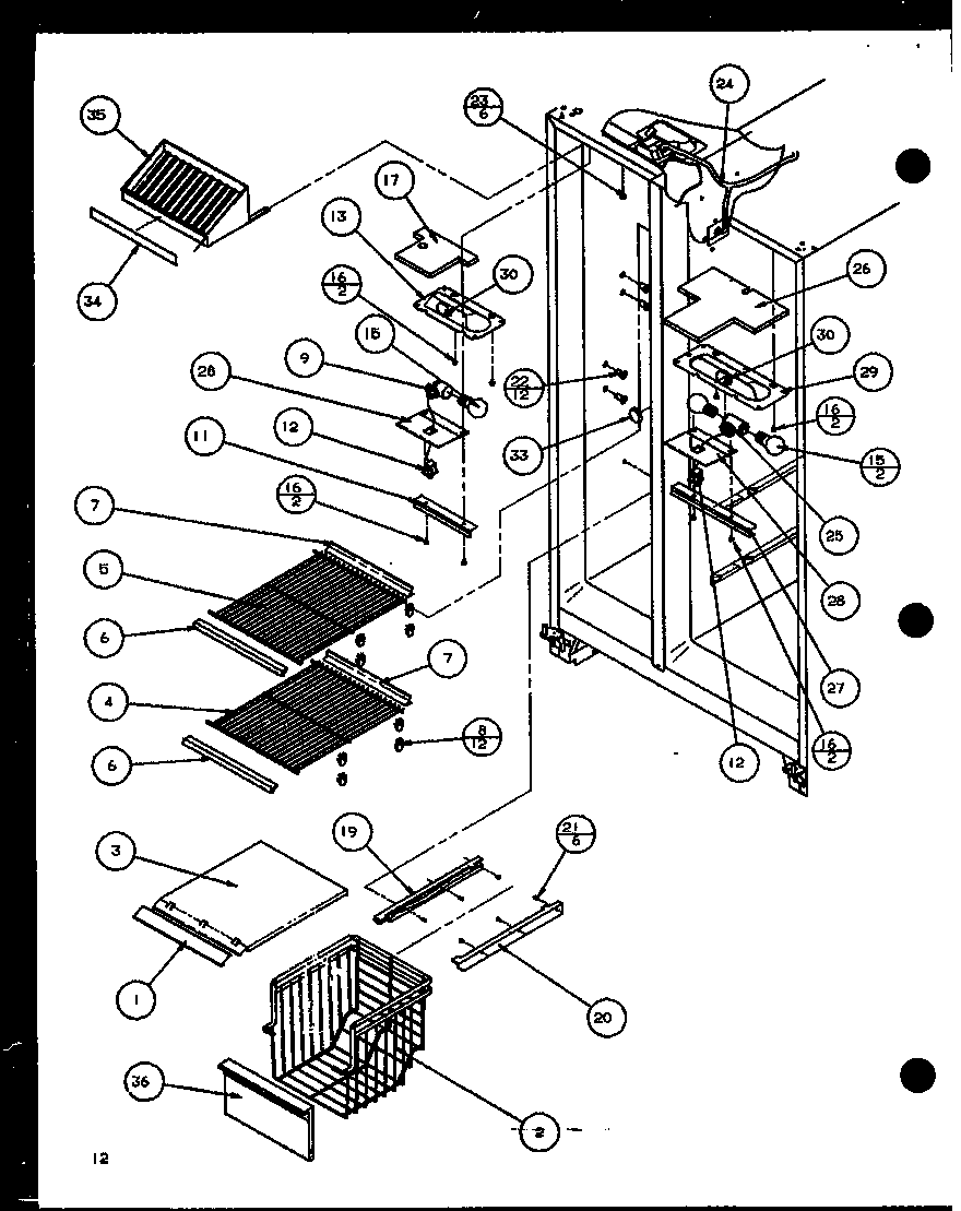 Amana SXI20J-P7870122W freezer shelving and refrigerator light (sxi20j/p7870122w) diagram