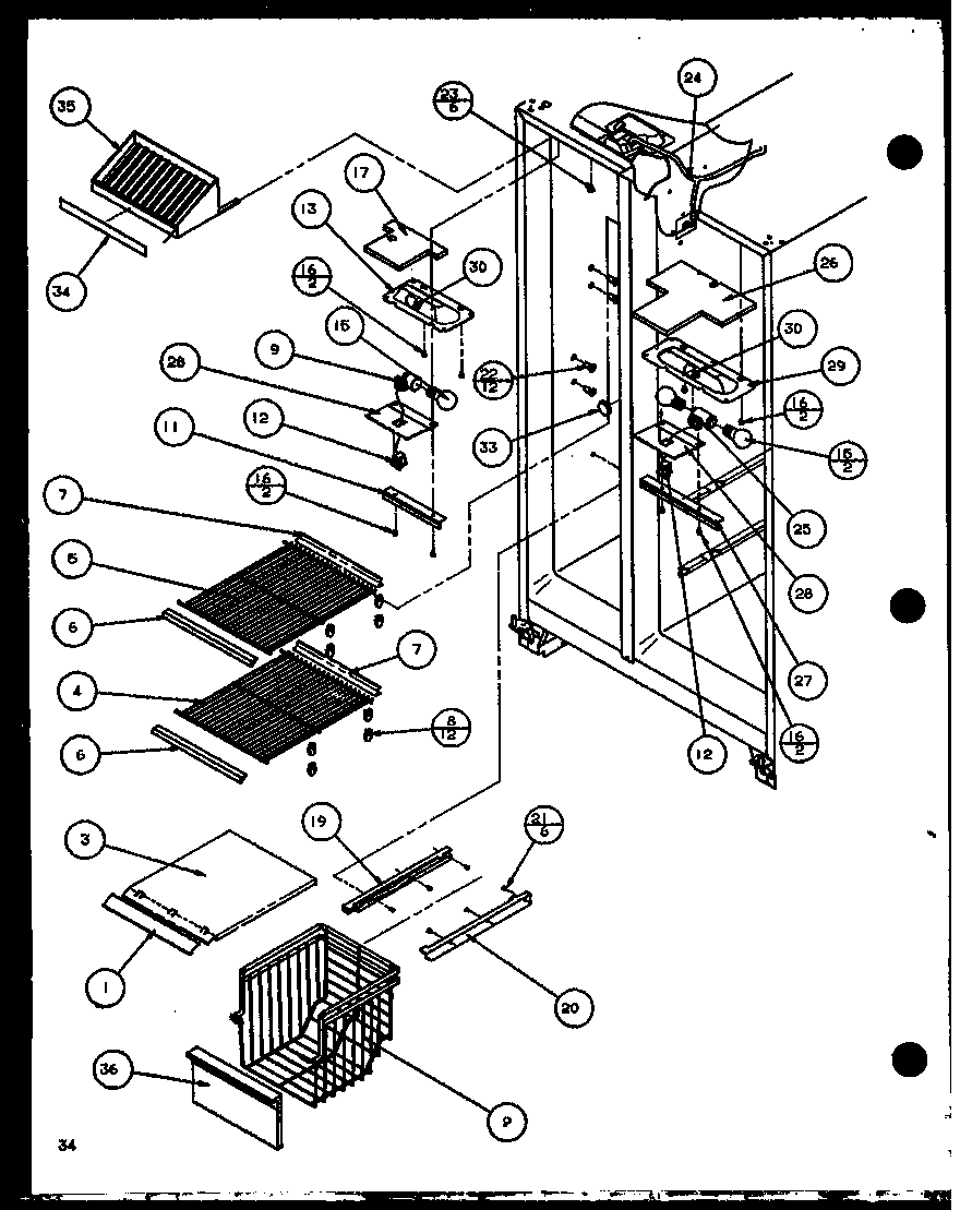 Amana SXI20J-P7870122W freezer shelving and refrigerator light (sbi20j/p7870125w) diagram