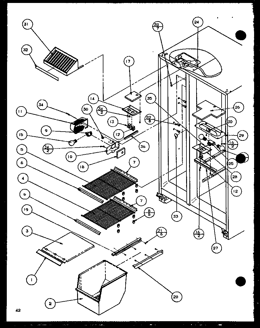 Amana SXD22J-P1116104W freezer shelving and refrigertor light (sxd25jb/p1116403w) (sxd25jb/p1116404w) diagram