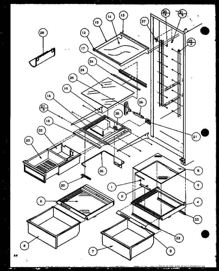Amana SXD22J-P1116104W refrigerator shelving and drawers (sxd25jb/p1116403w) (sxd25jb/p1116404w) diagram