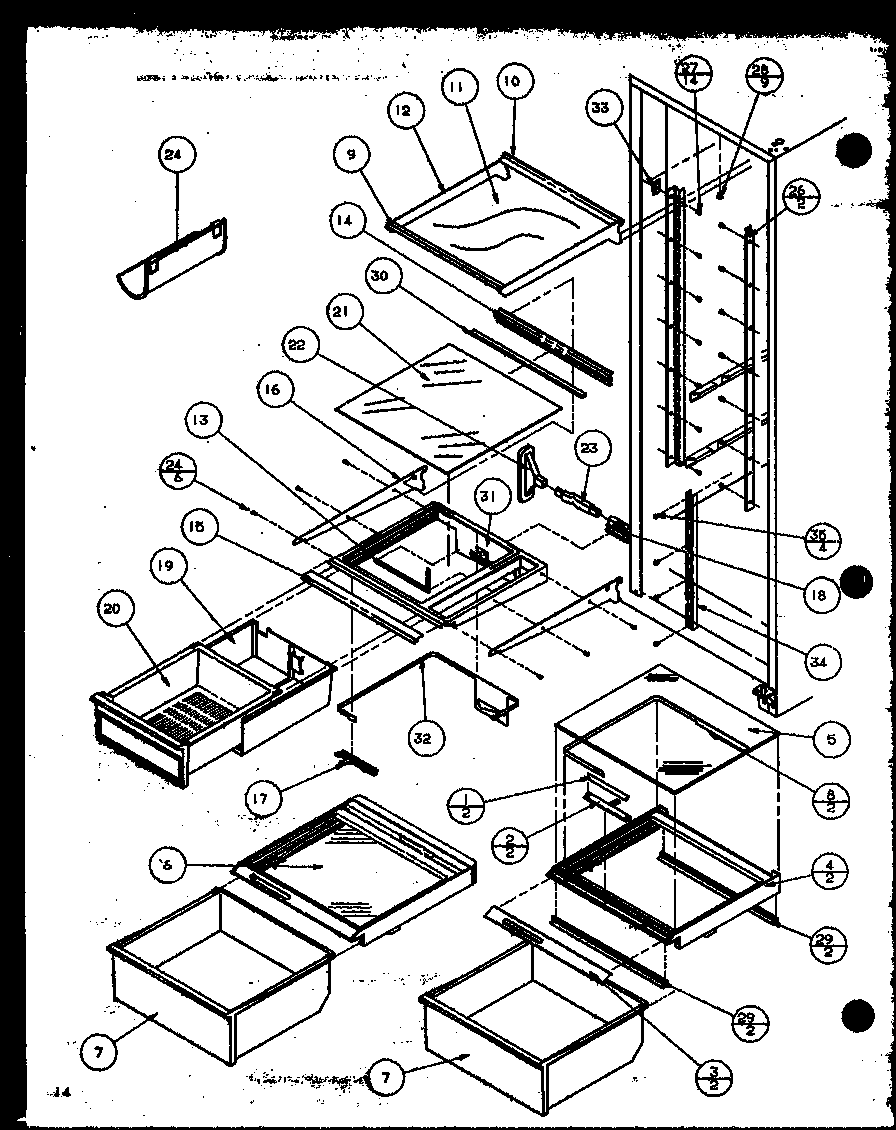 Amana 36508L-P1121708WL refrigerator shelving and drawers diagram
