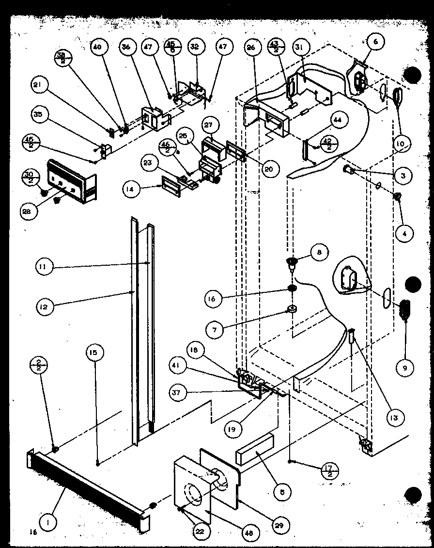 Amana 36508L-P1121708WL refrigerator/freezer controls and cabinet part diagram