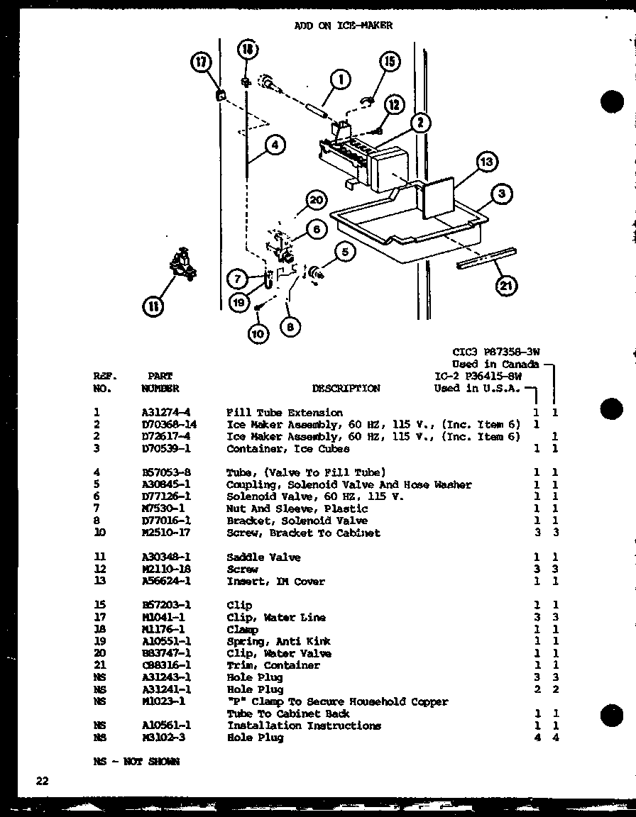 Amana SRI22GG-P7745511WG add on ice-maker (sr19g/p7745503w) (sr19gg/p7745503wg) (sr19gl/p7745503wl) (sr22g/p7745501w) (sr22gg/p7745501wg) (sr22gc/p7745501wc) (sr22ga/p7745501wa) (sr22gl/p7745501wl) (sr25gg/p7745502wg) (sr25gl/p7745502wl) (sr25g/p7745502w) (ic-2/p36415-8w) (cic3/p diagram