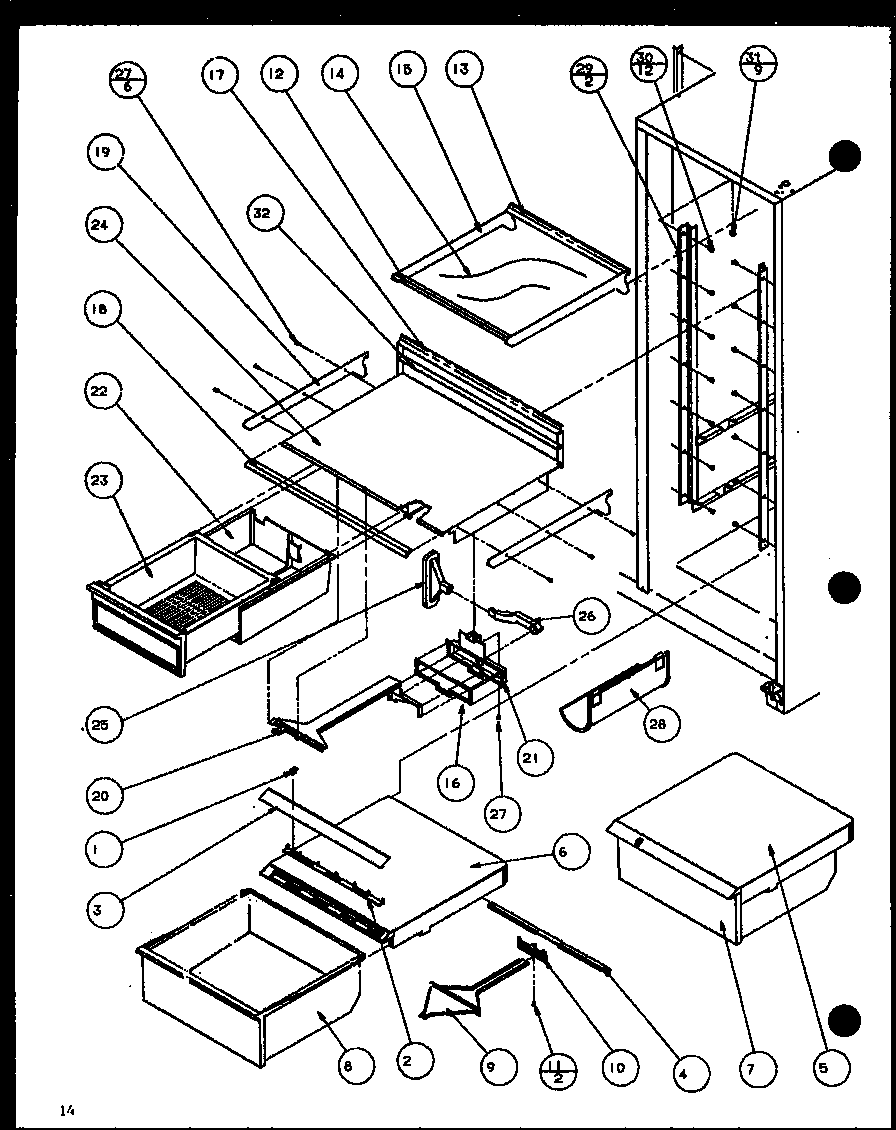 Amana SXPD20H-P7836029W refrigerator shelving and drawers diagram
