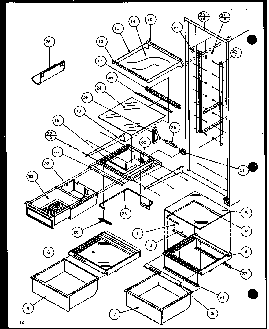 Amana SXD25JB-P7870107W refrigerator shelving and drawers (sxd25j/p7870106w) (sxd25jb/p7870107w) (sxd25jp/p7870108w) (sxd22j/p7870119w) diagram