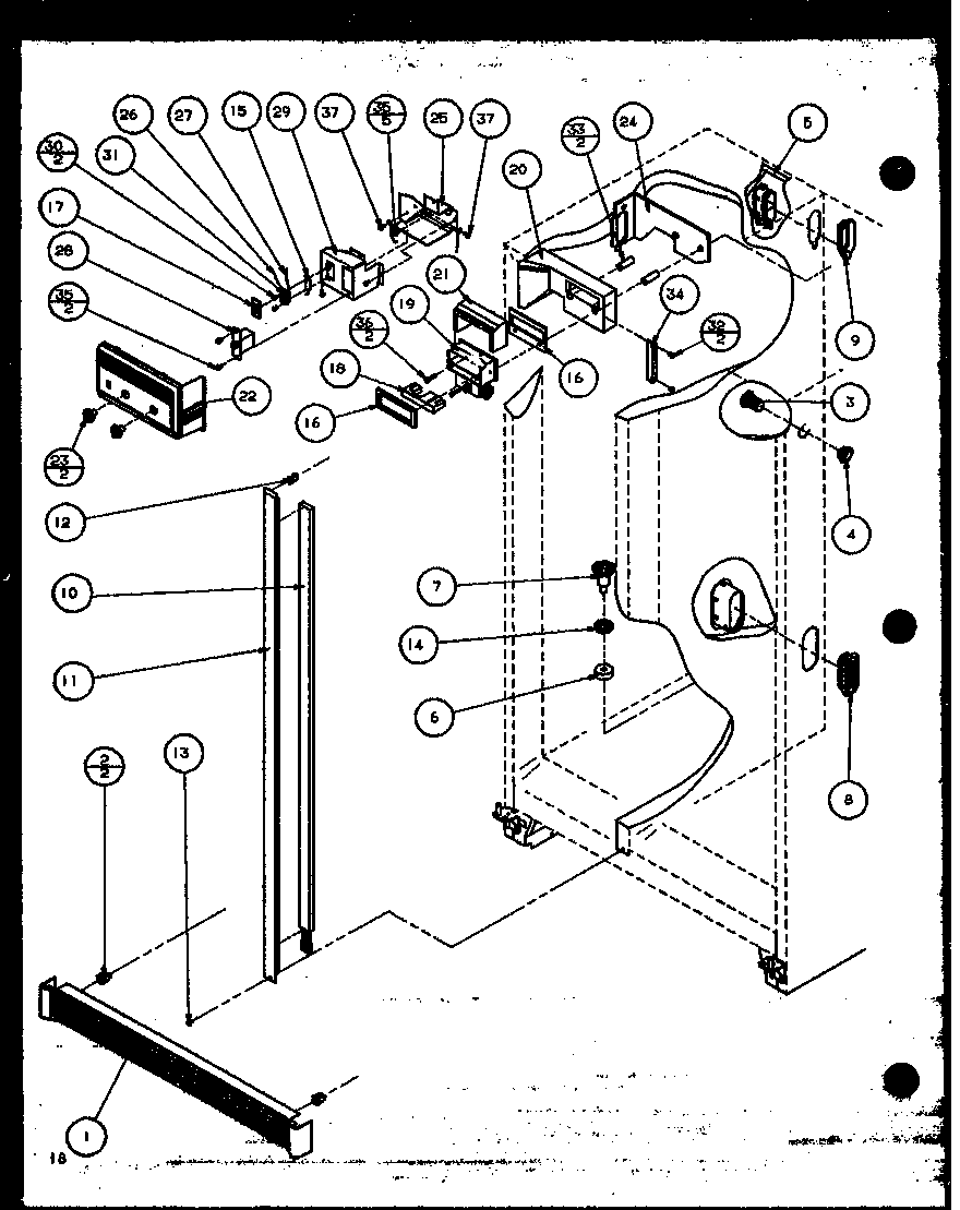 Amana 36078-P1108706W refrigerator/freezer controls and cabinet parts diagram