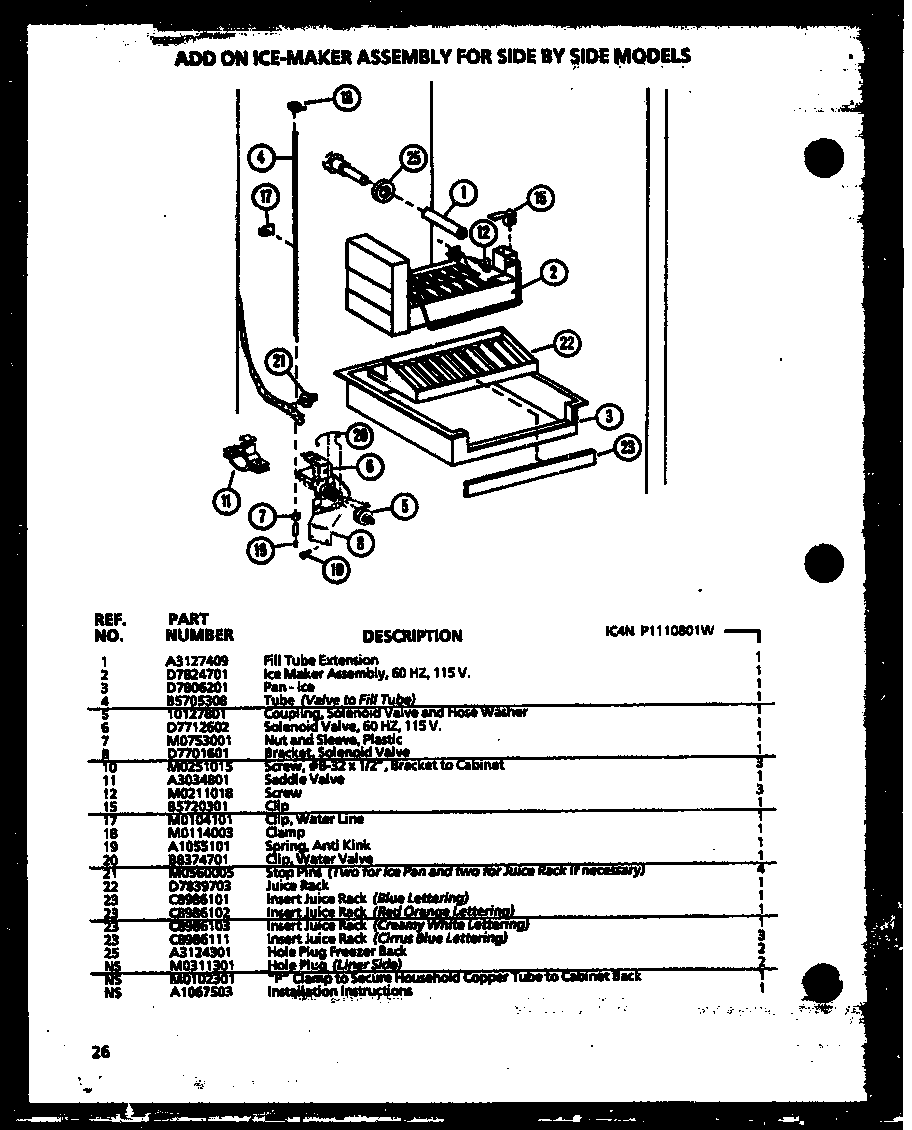 Amana 36558-P1115403W add on ice-maker assembly for side by side models (ic4n/p1110801w) diagram