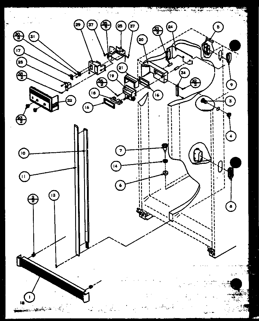 Amana 36071-P1115801W refrigerator/freezer controls and cabinet parts diagram
