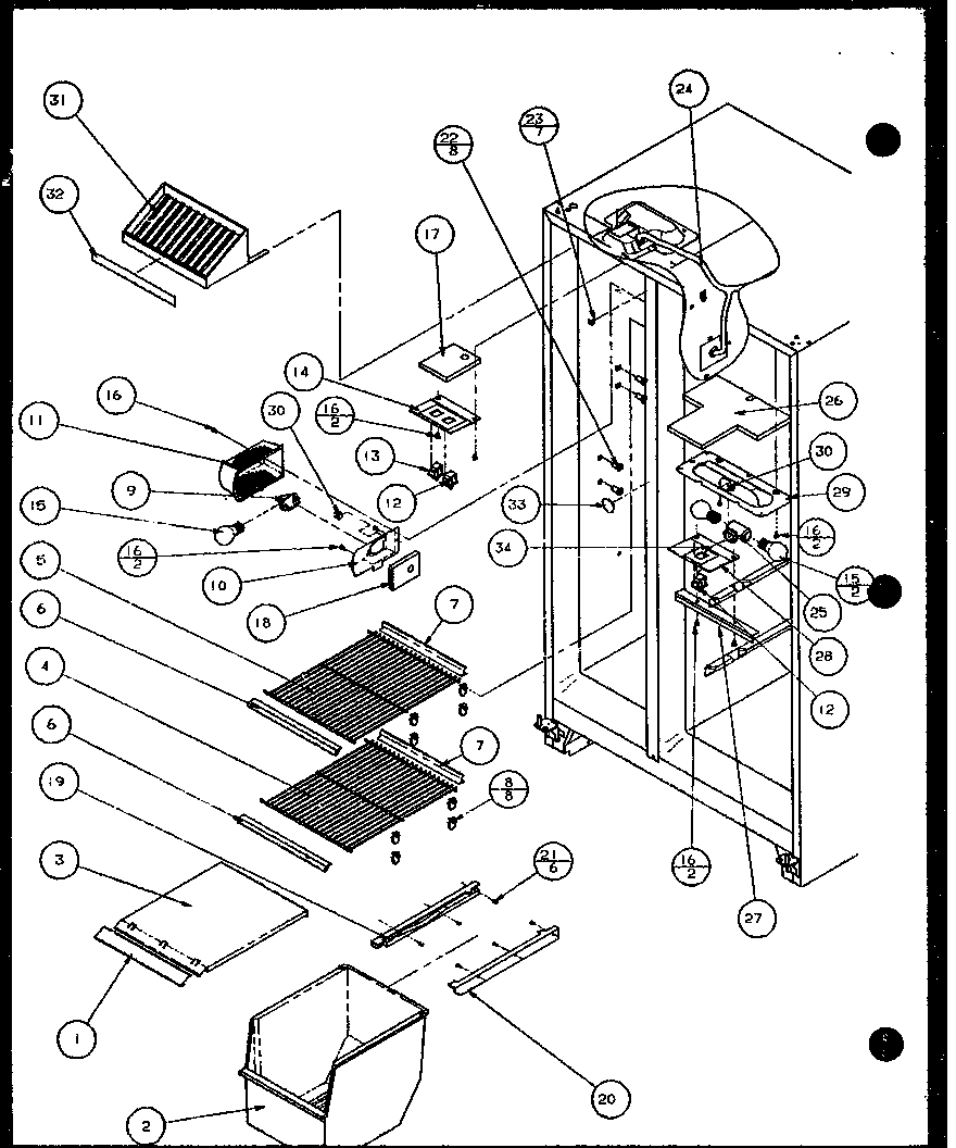Amana 36591-P1108403W freezer shelving and refrigerator light diagram