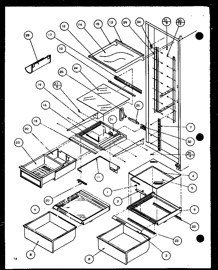 Amana 36591-P1108403W refrigerator shelving and drawers diagram