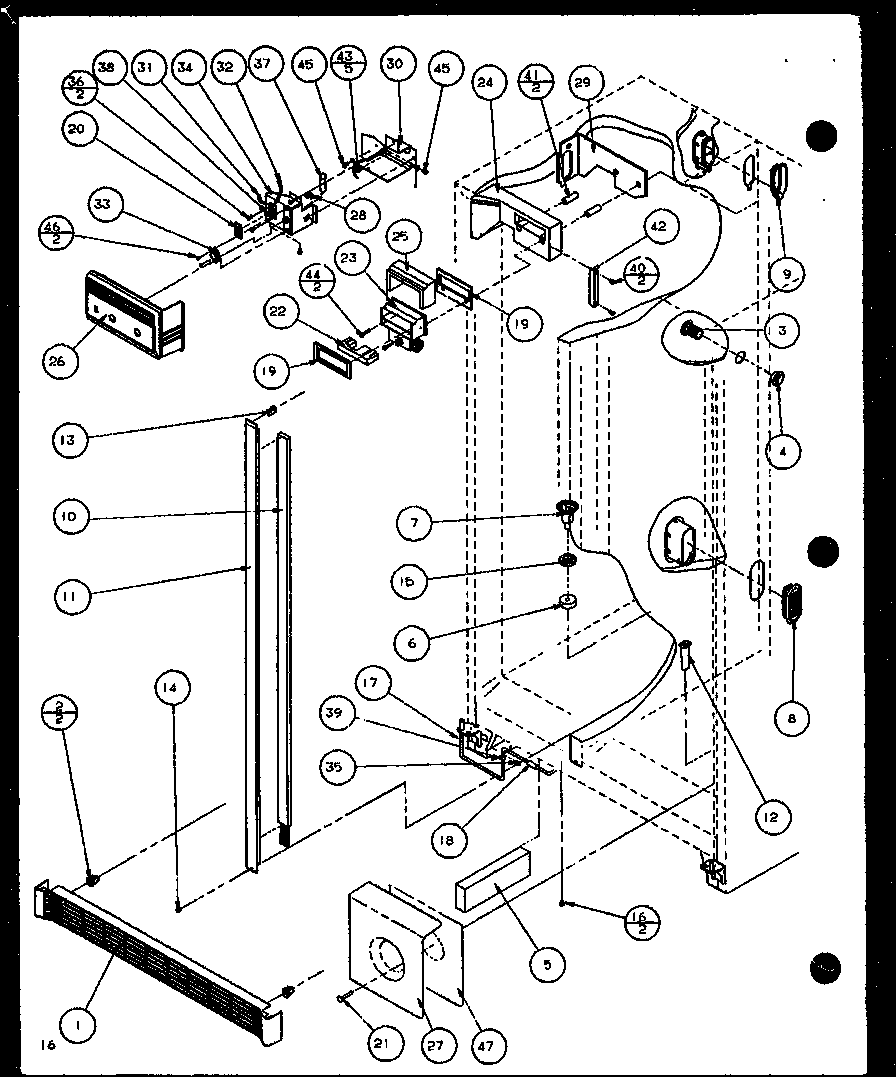 Amana 36591-P1108403W refrigerator/freezer controls and cabinet part diagram