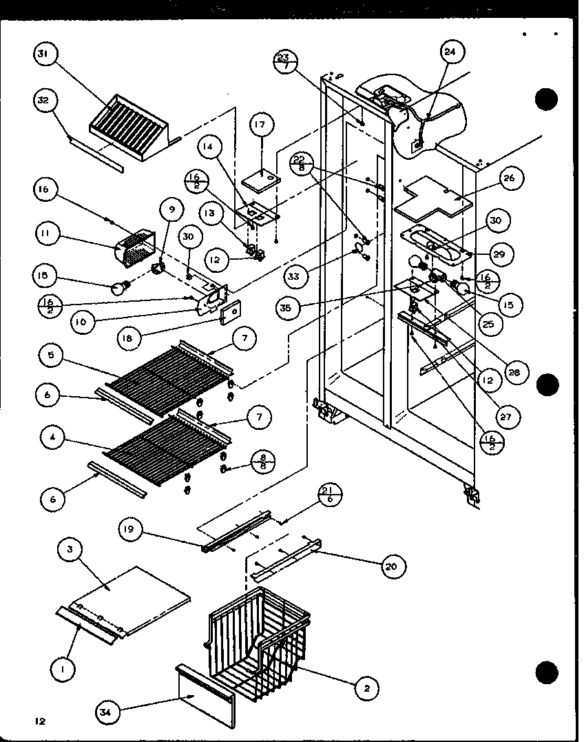 Amana 36081-P1108701W freezer shelving and refrigerator light (36081/p1108701w) (36088/p1108702w) (36091/p1108703w) (36098/p1108704w) diagram