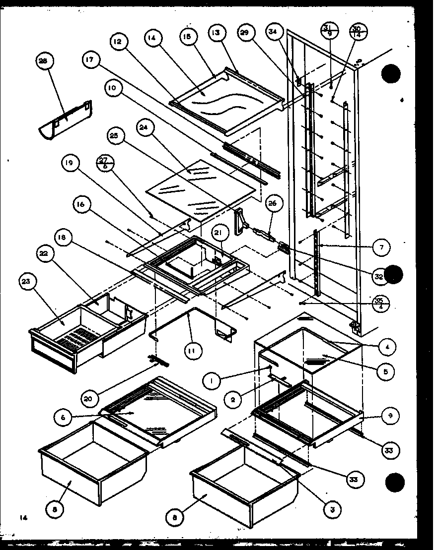 Amana SZDE25K-P1116801W refrigerator shelving and drawers diagram