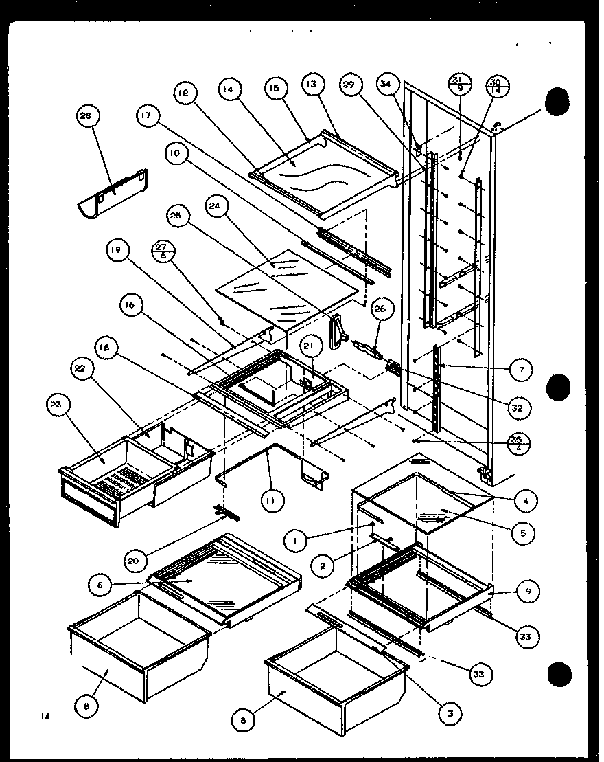 Amana 36591-P1115603W refrigerator shelving and drawers diagram