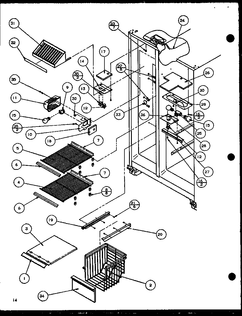Amana SBD20K-P1117701W freezer shelving and refrigerator light (sbd20k/p1117701w) diagram