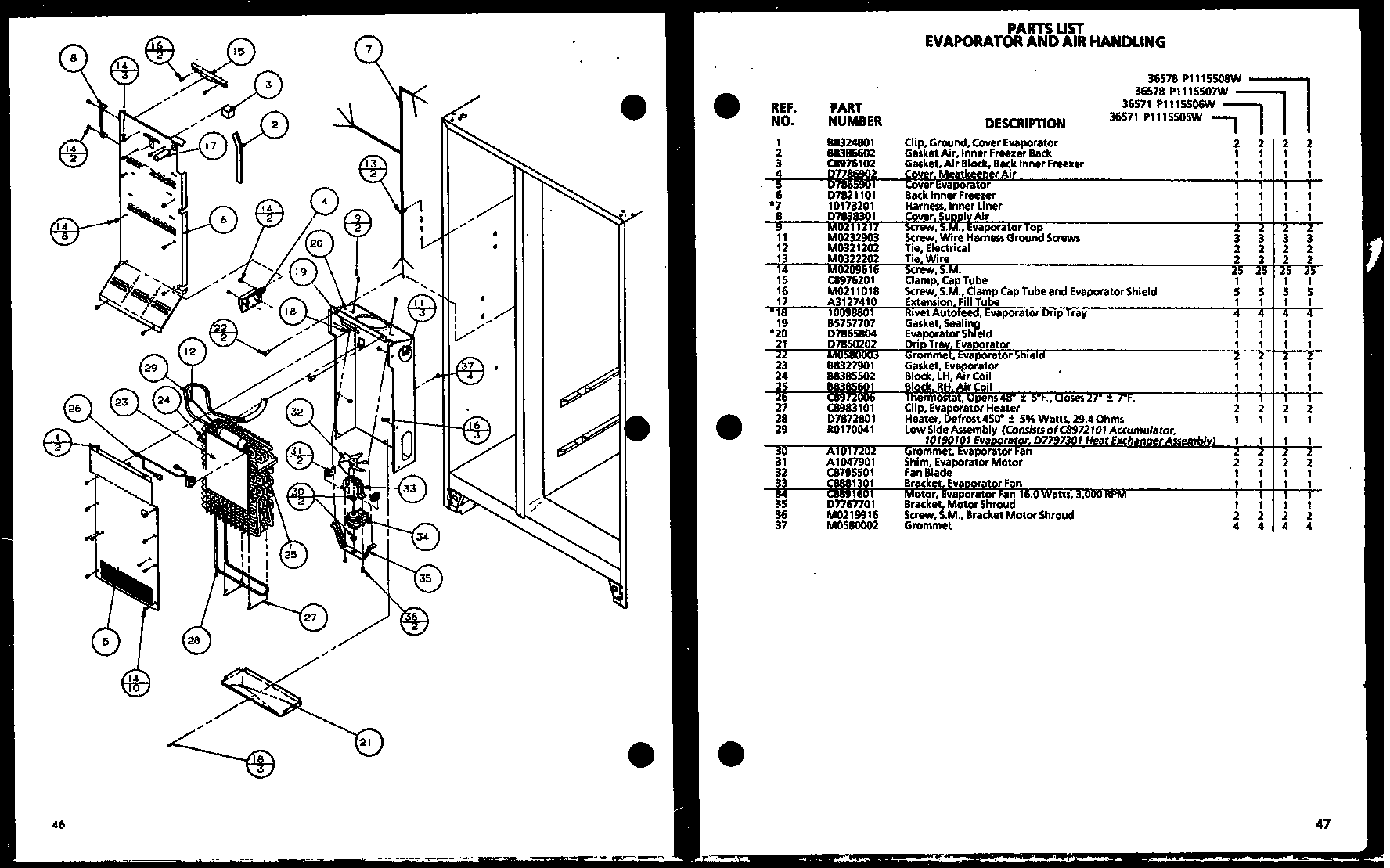 Amana 36578-P1115508W evaporator and air handling (36571/p1115505w) (36571/p1115506w) (36578/p1115507w) (36578/p1115508w) diagram