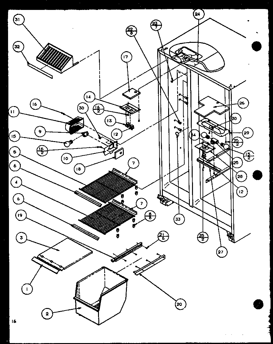 Amana SCD22J-P1116102W freezer shelving and refrigerator light (scd19j/p1116701w) diagram
