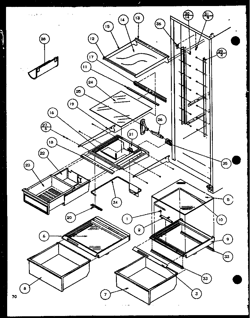 Amana SCD22J-P1116102W refrigerator shelving and drawers (scd25j/p1116301w) (scd25j/p1116302w) (scd25jb/p1116303w) (scd25jb/p1116304w) diagram