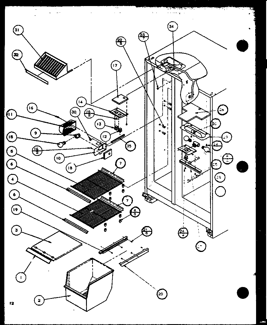 Amana 2599CIWW-P1121501WW freezer shelving and refrigerator light diagram