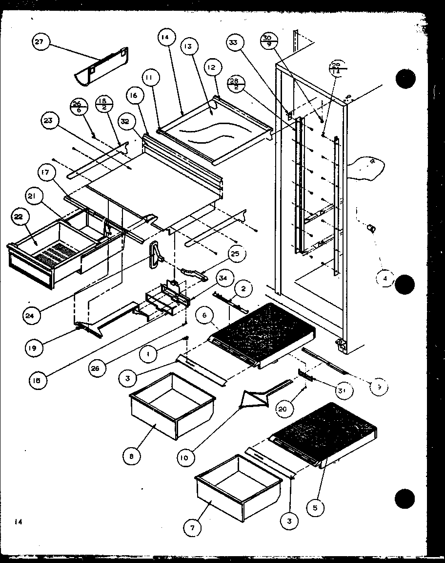 Amana 2599CIWW-P1121501WW refrigerator shelving and drawers diagram