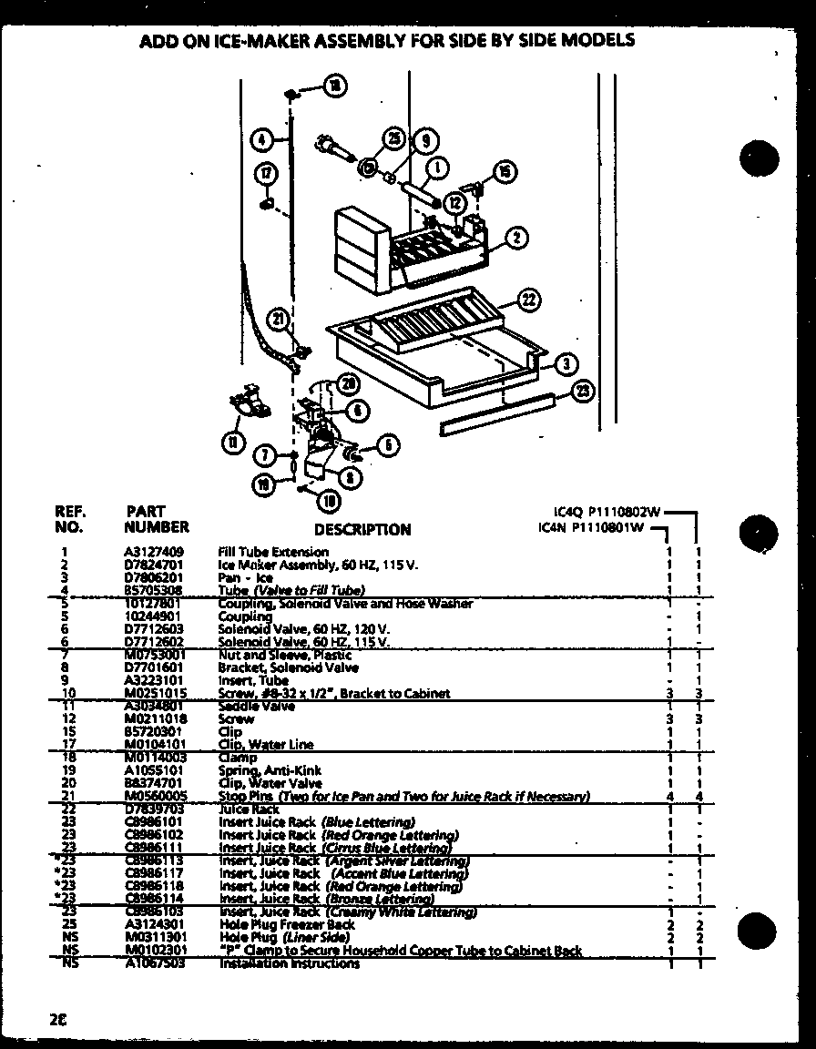 Amana SZ22MBW-P1120609WW add on ice maker (ic4n/p1110801w) diagram