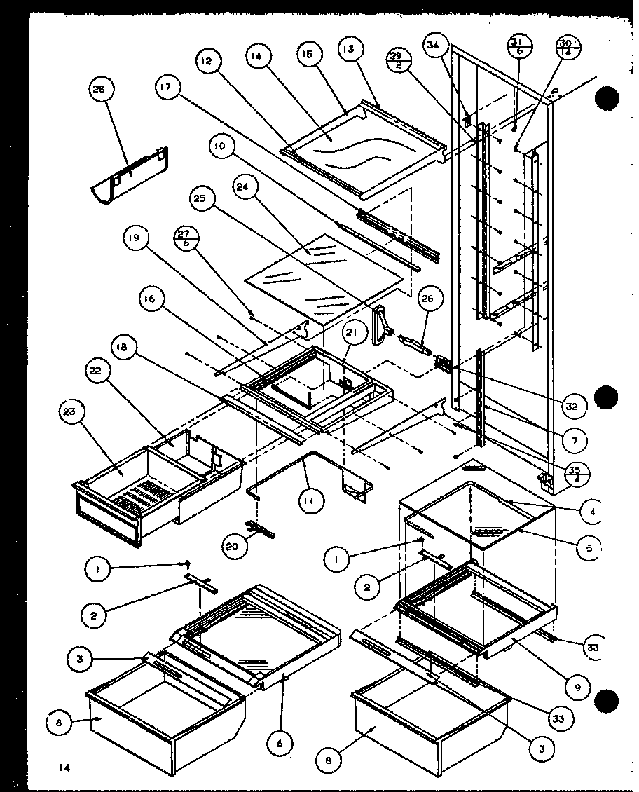 Amana SZDE27KBL-P1110602WL refrigerator shelving and drawers diagram