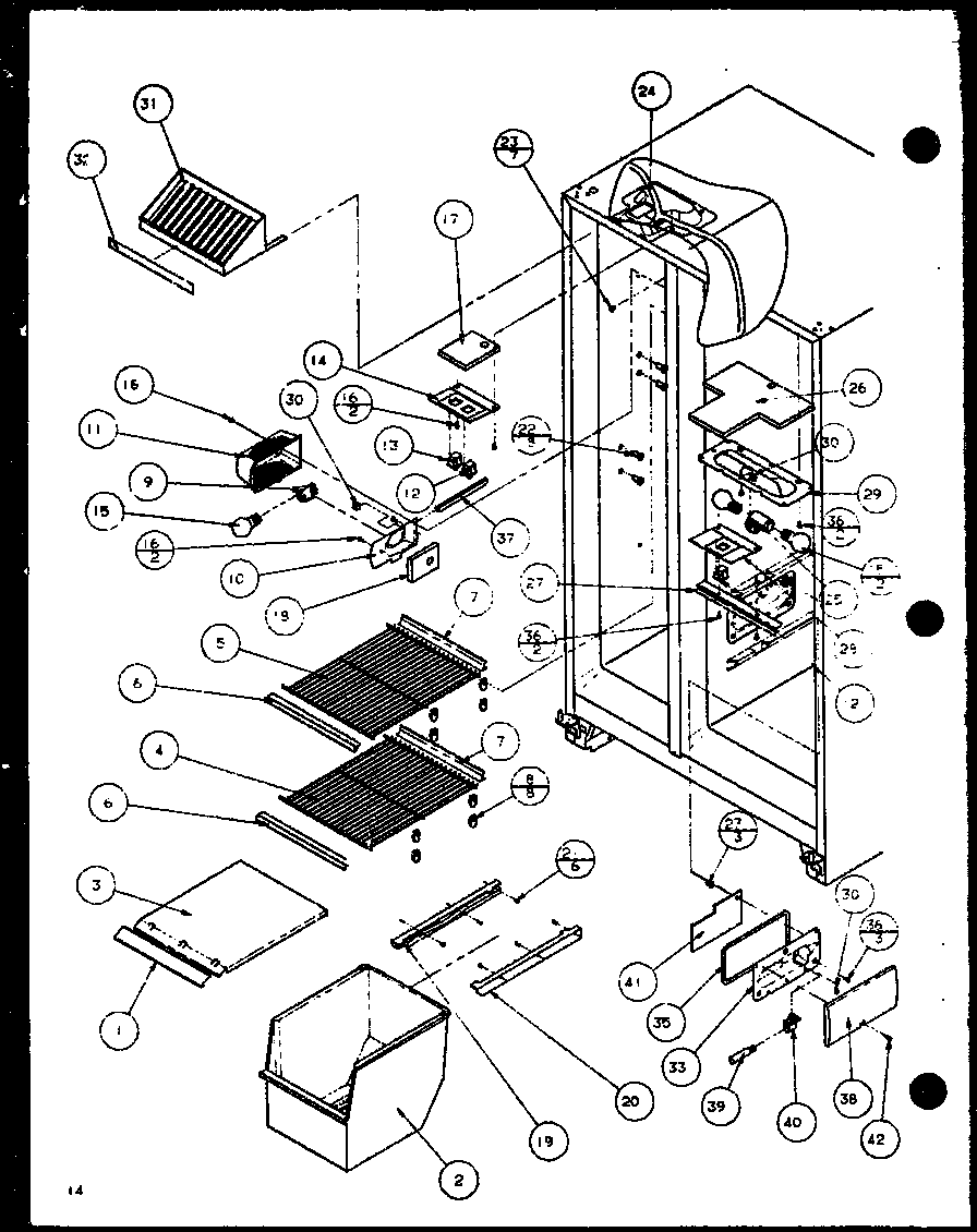 Amana SLD25M2L-P1121107WL freezer shelving and refrigerator light diagram