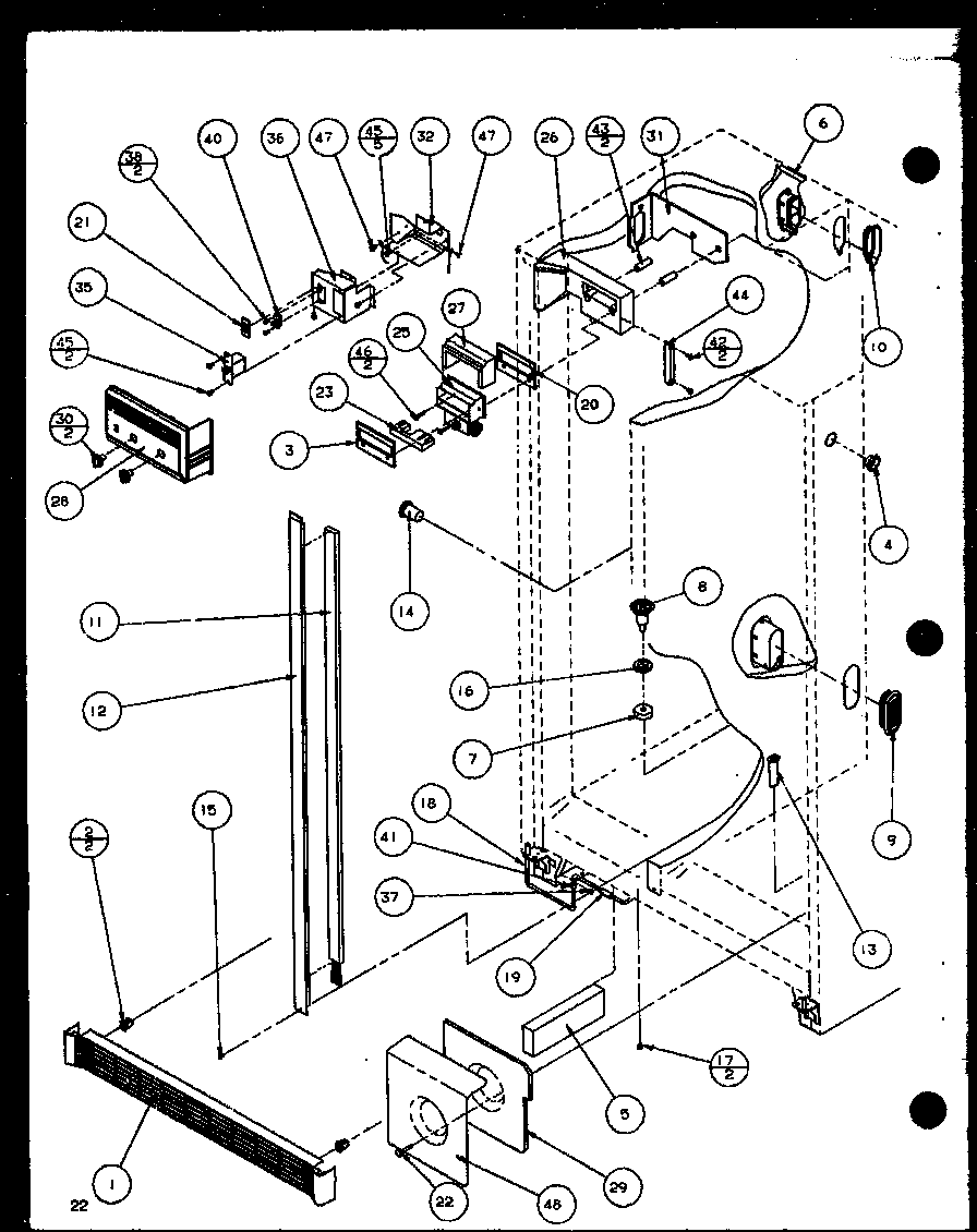 Amana SLD25M2L-P1121107WL refrigerator/freezer controls and cabinet parts diagram