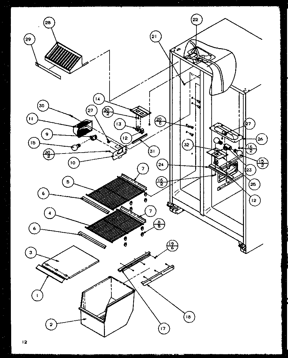 Amana SQD25MB4L-P1153405WL freezer shelving and refrigerator light diagram