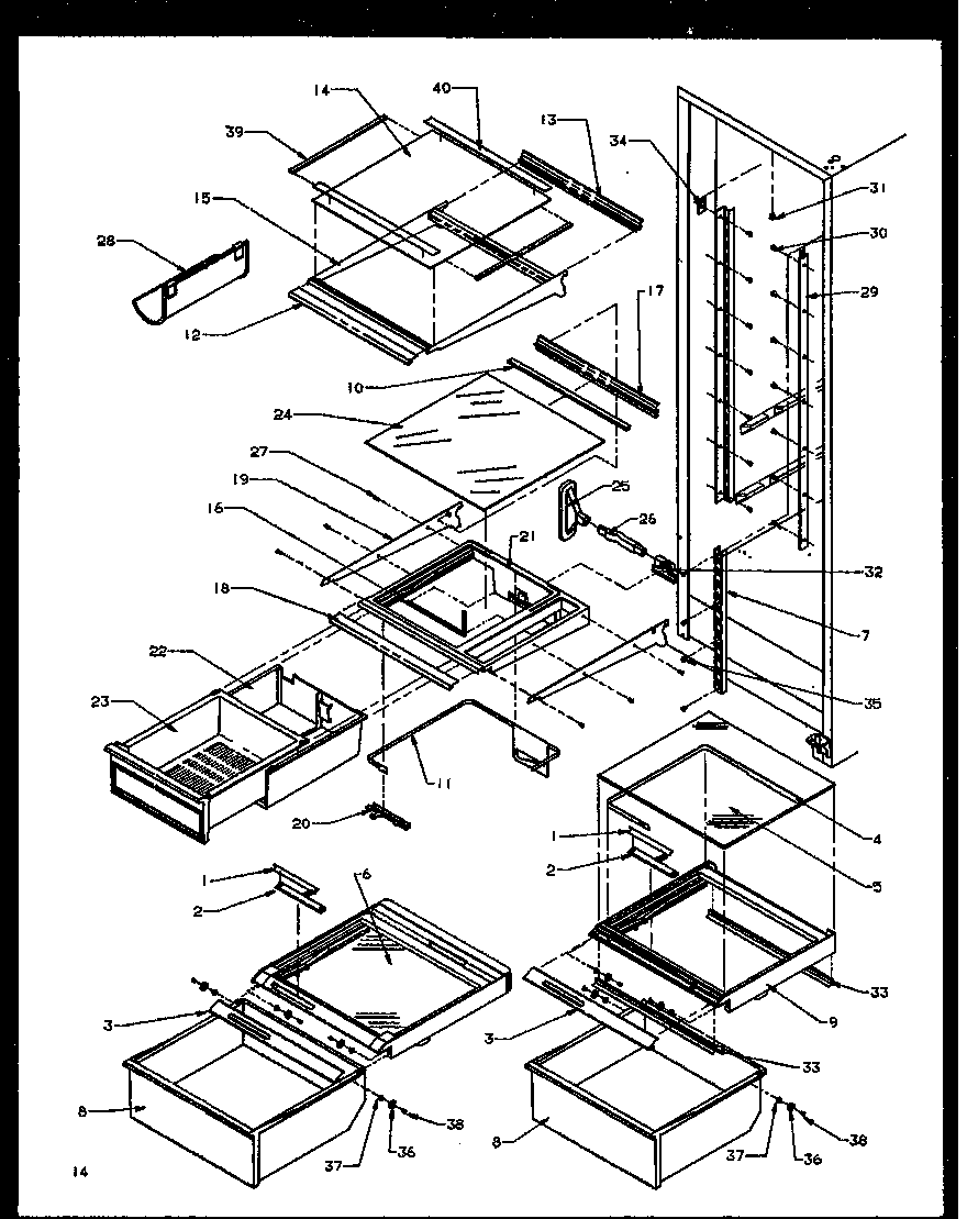 Amana SXDE27NW-P1162203WW refrigerator shelving and drawers diagram