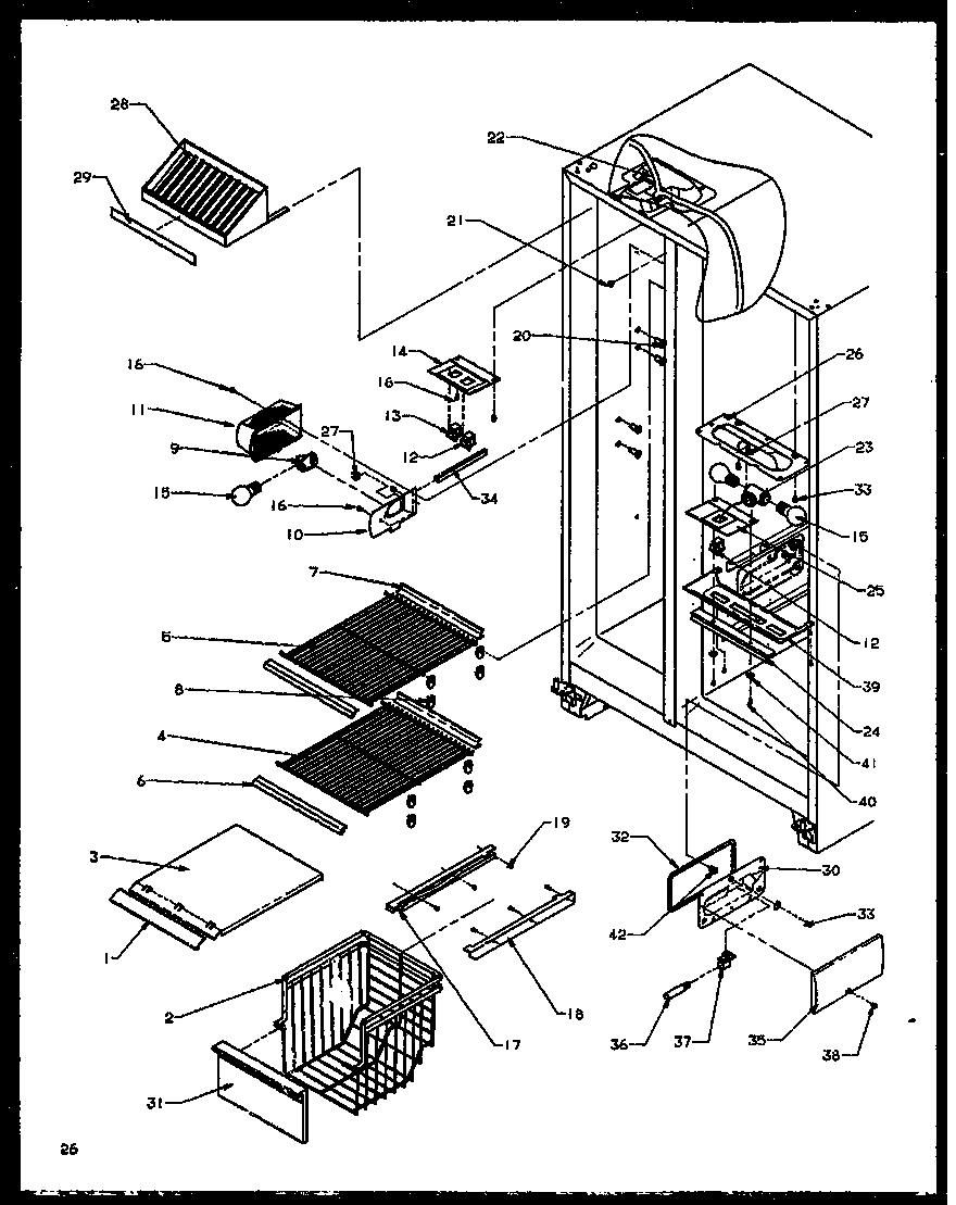 Amana SXD25NE-P1162406WE freezer shelving and refrigerator light diagram