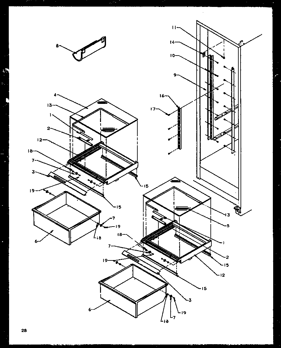 Amana SXD25NE-P1162406WE refrigerator shelving and drawers diagram