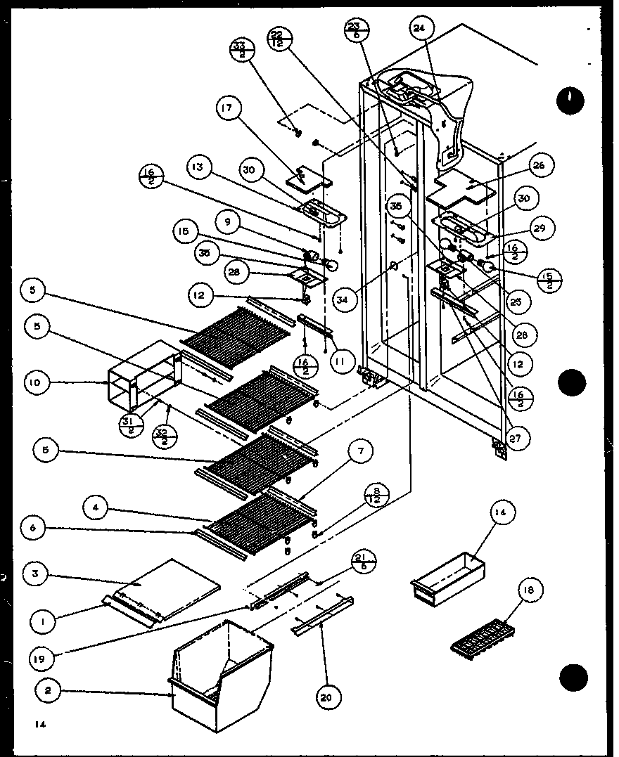 Amana SC25JP-P1116203W freezer shelving and refrigerator light (sc19j/p1116601w) diagram