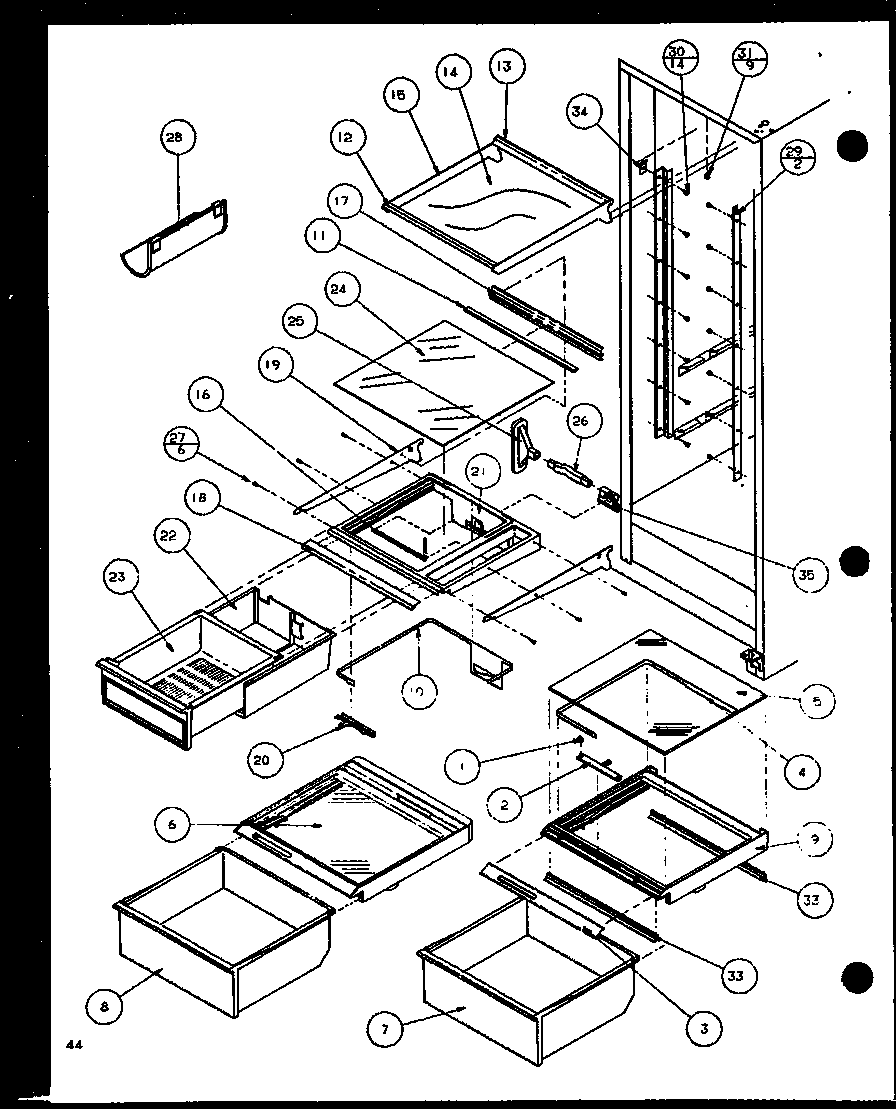 Amana SLD25JB-P1116503W refrigerator shelving and drawers (sld25jb/p1116503w) (sld25jb/p1116504w) diagram