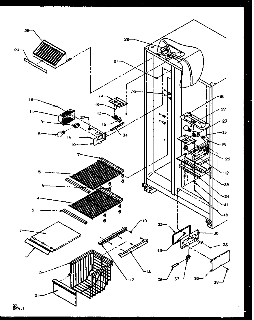 Amana SZD25NE-P1162403WE freezer shelving and refrigerator light diagram