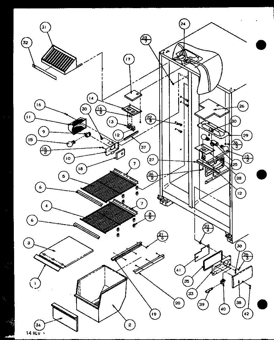 Amana SZD25M2W-P115104WW freezer shelving and refrigerator light diagram