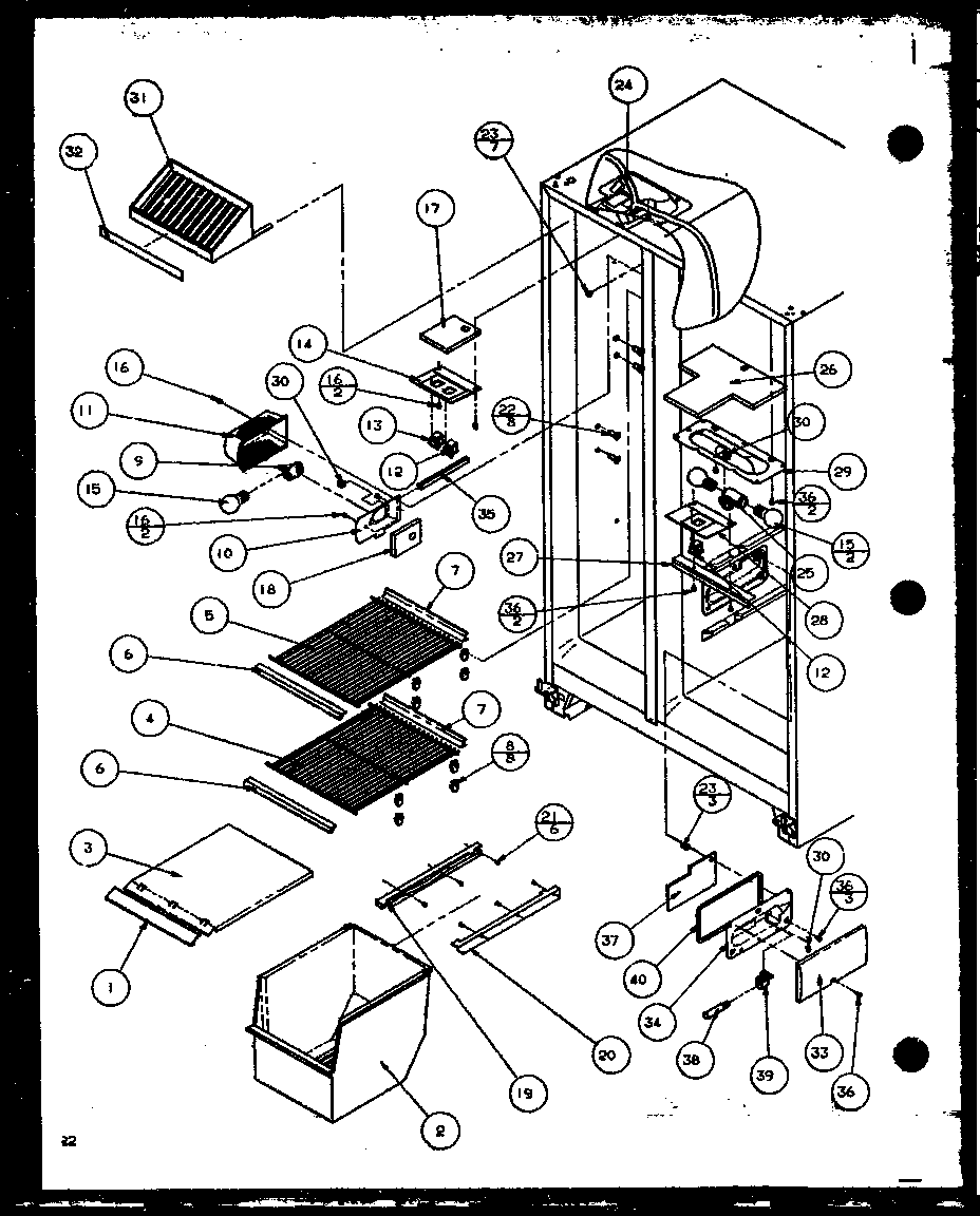 Amana 36518L-P1121604WL freezer shelving and refrigerator light diagram