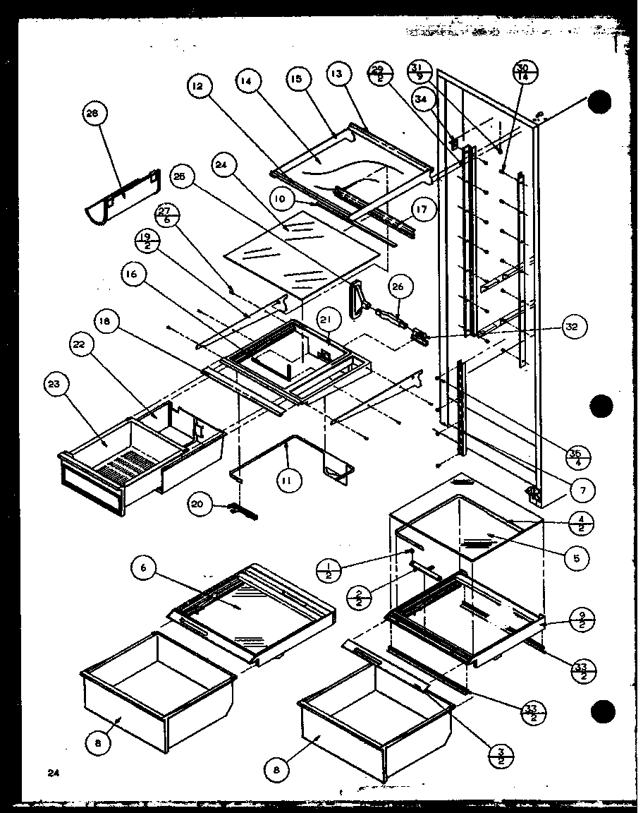 Amana 36518L-P1121604WL refrigerator shelving and drawers diagram