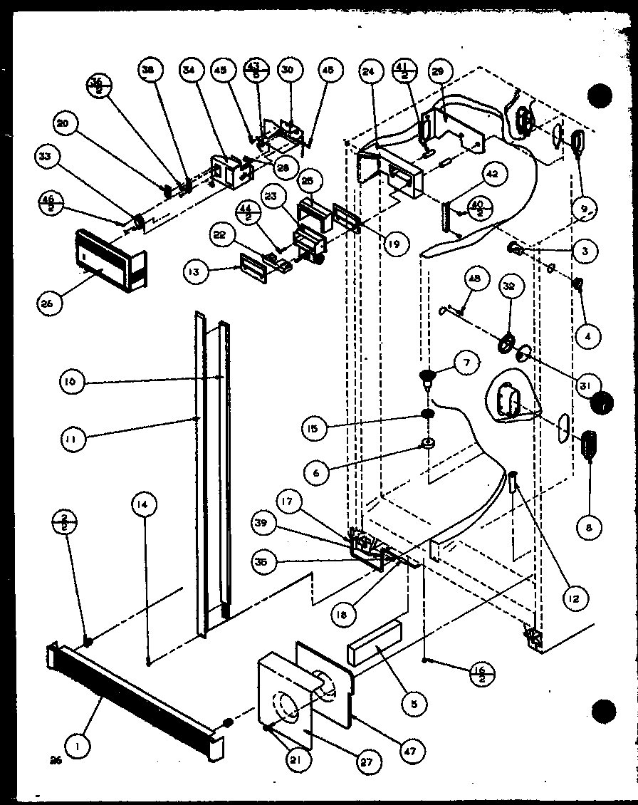 Amana 36518L-P1121604WL refrigerator/freezer controls and cabinet part diagram