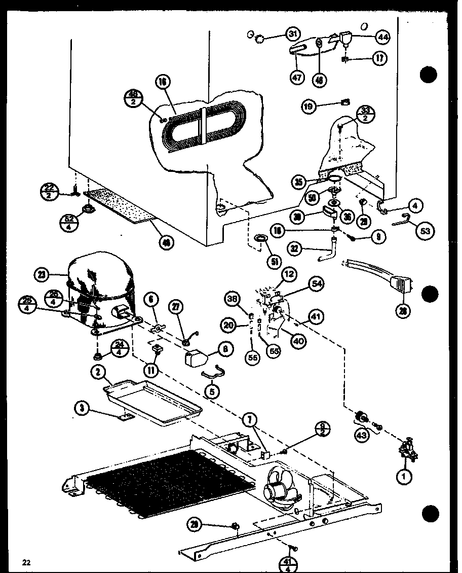 Amana SLDI25G1L-P7642106WL compressor and drain pan diagram