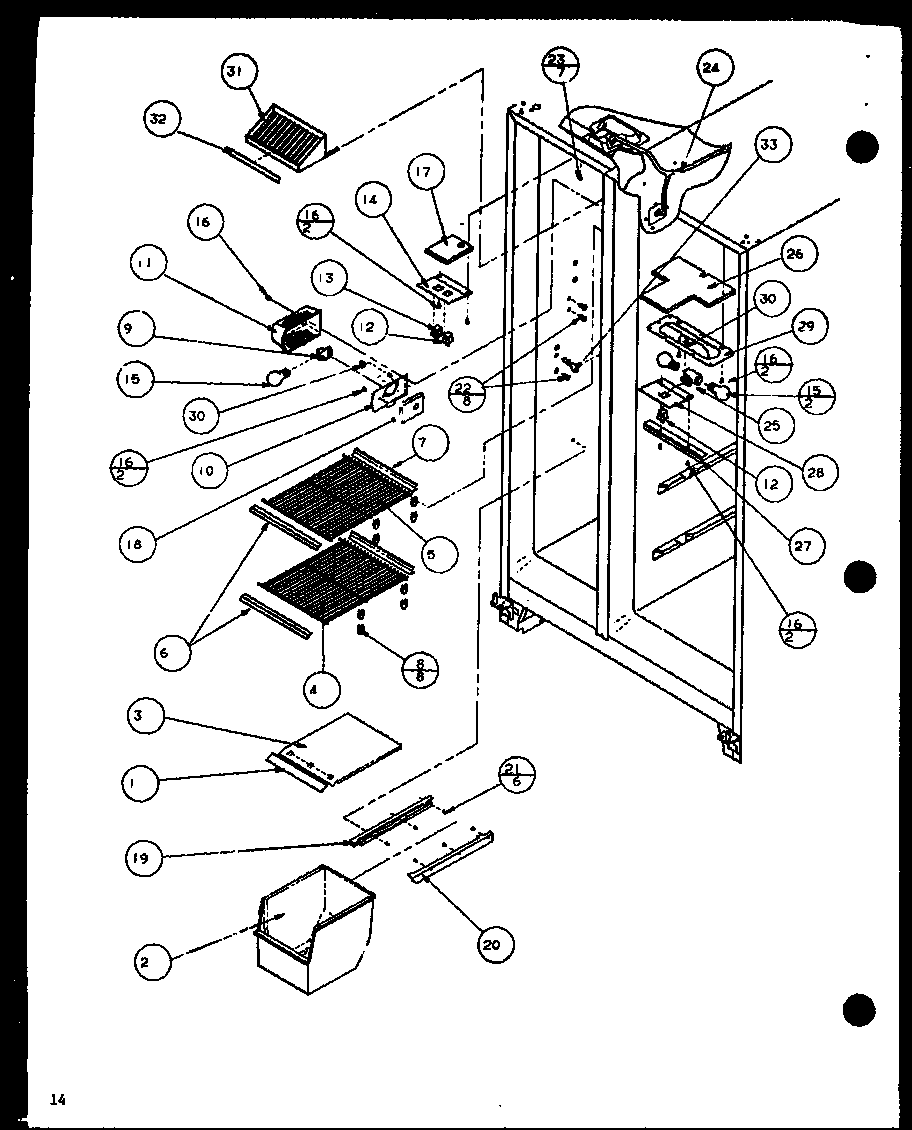 Amana SCDT22H-P7836011W freezer shelving and refrigerator light (scd19h/p7804503w) diagram