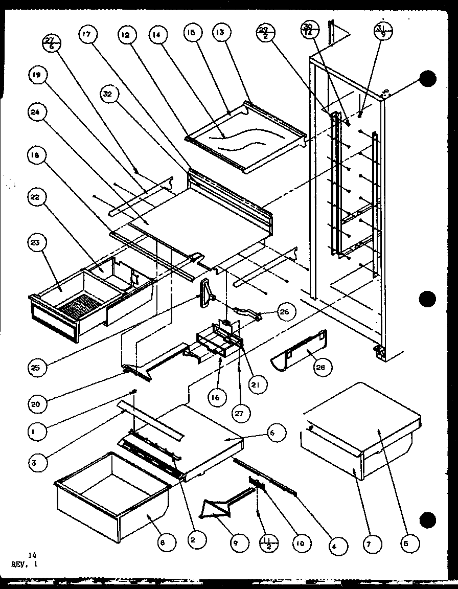 Amana SXPD25H-P7836003W refrigerator shelving and drawers diagram