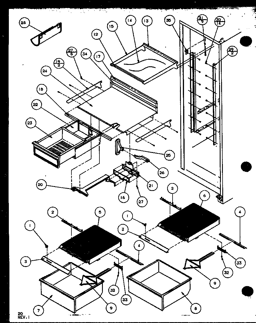 Amana SXD22MW-P1120803WW refrigerator shelving and drawers (sxd19mw/p1121402ww) (sxd19mg/p1121402wg) (sxd19ml/p1121402wl) diagram