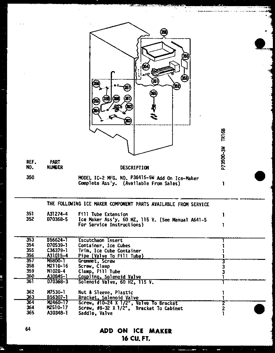 Amana TR16B-L-P73500-3WL add on ice maker 16 cu. ft. (tr16b-c/p73500-3wc) (tr16b-a/p73500-3wa) (tr16b-g/p73500-3wg) (tr16b/p73500-3w) (tr16b-l/p73500-3wl) diagram